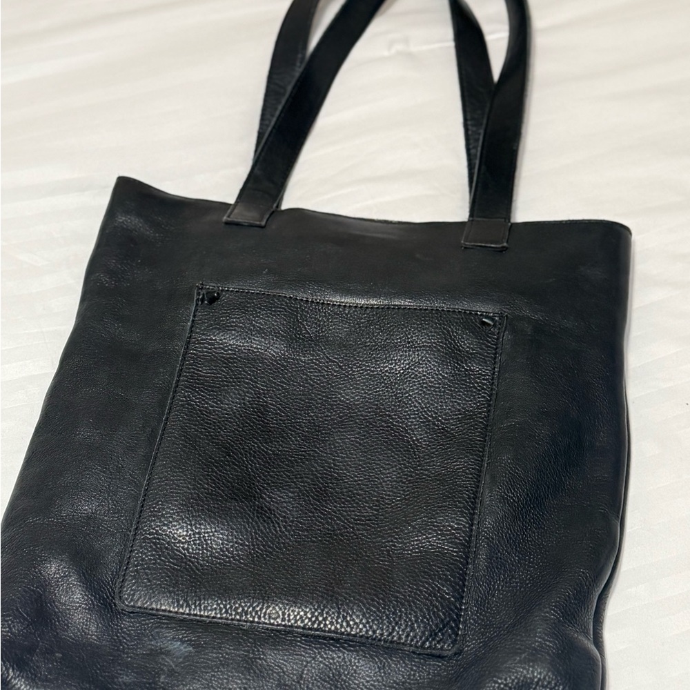 Classic Black Leather Tote Bag with Front Pocket